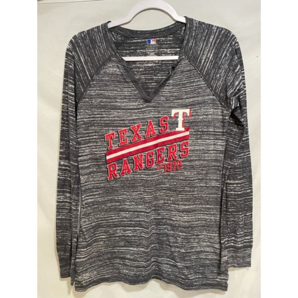 Texas Rangers L Gray Red V Neck Graphic LS Tee Shirt Burnout Est 1972 Baseball - Picture 1 of 3
